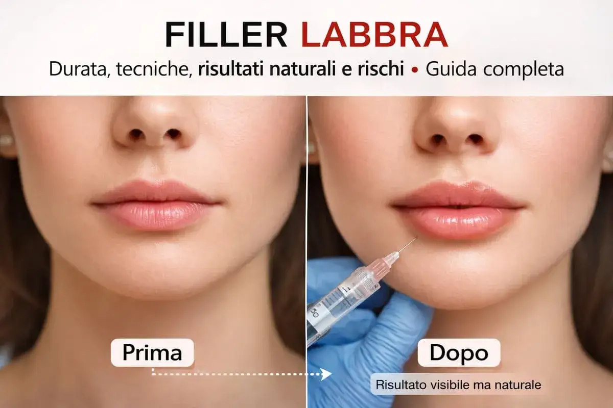 Prima e dopo un trattamento di filler labbra. Risultato visibile ma naturale, con labbra più piene e definite.