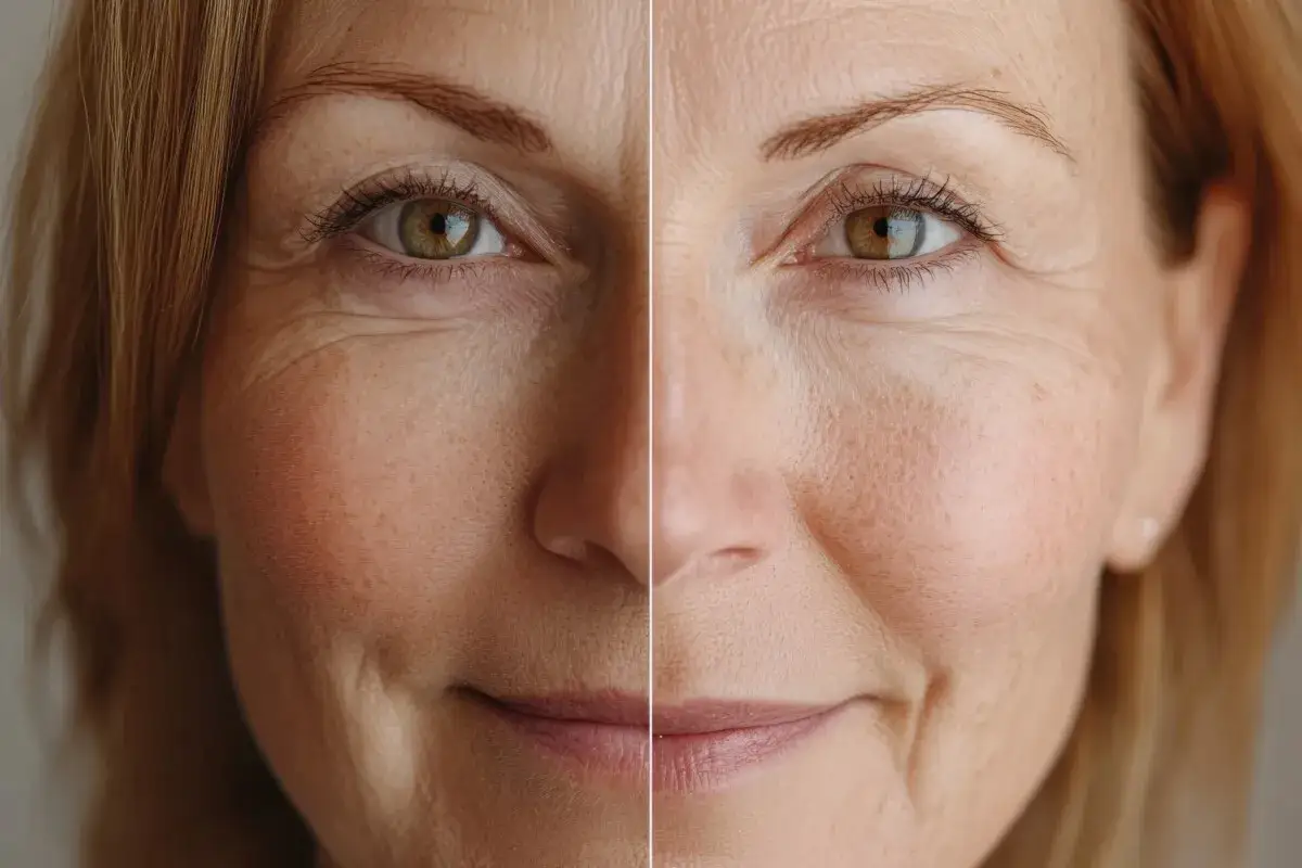 Confronto prima e dopo: il lato destro mostra un miglioramento visibile delle rughe e delle macchie, risultato peeling chimico.