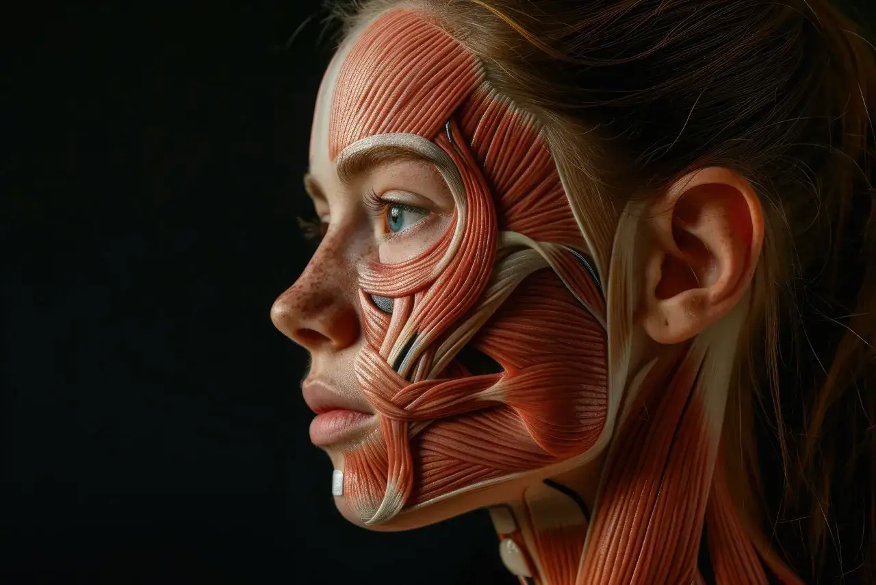 Volto femminile con muscolatura esposta, un'esplorazione della riduzione monte di venere e della sua anatomia.