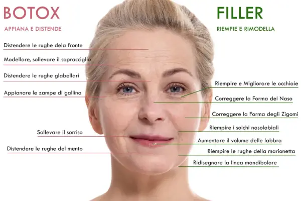 Volto femminile con indicazioni per biostimolazione viso, botox e filler. Trattamenti per rughe, labbra e zigomi.