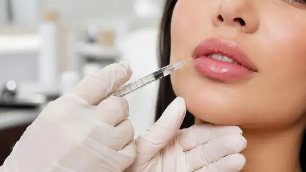 Mani guantate iniettano filler labbra per un aspetto più pieno e sensuale.