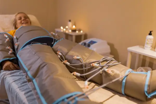 Donna sorridente in trattamento di pressoterapia a cosa serve: drenaggio e benessere.