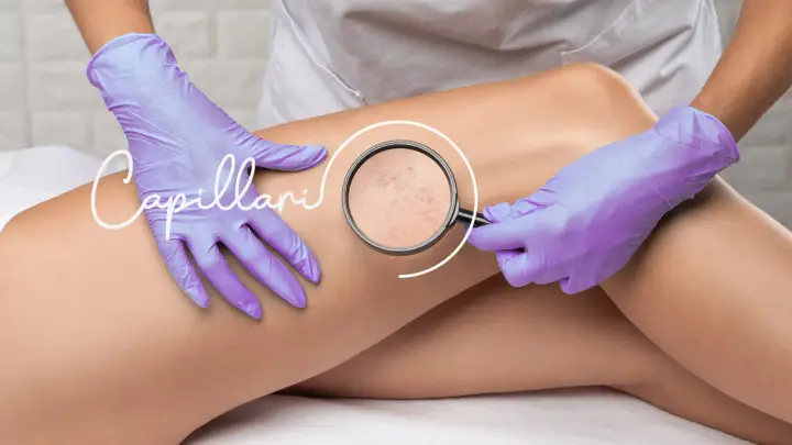 Mani con guanti viola esaminano i capillari delle gambe con una lente d'ingrandimento.