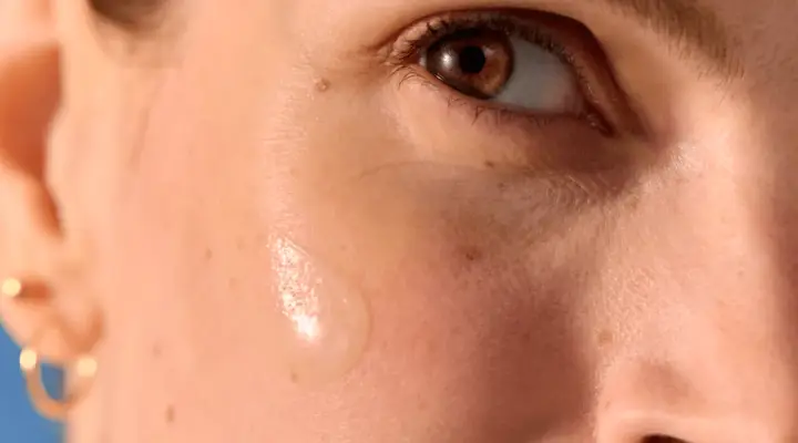 Goccia di siero su pelle con leggere macchie viso, evidenziando la texture e la cura della pelle.